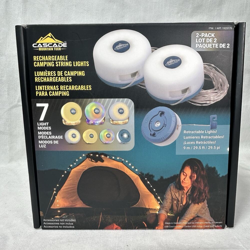 OPEN BOX Cascade Rechargeable Retractable Camping Lights 7 light modes 2 Pack